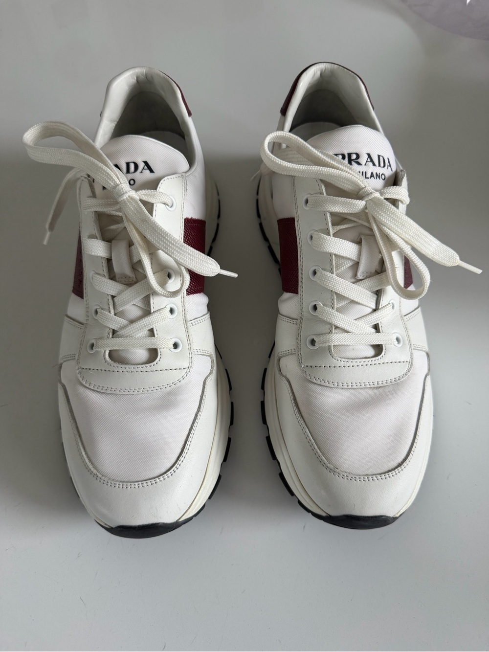 Prada White Sneakers with Burgundy Side Panels - Men's Lace-Up